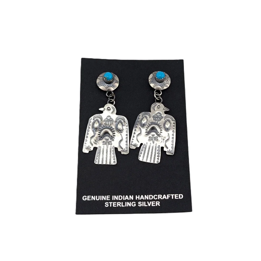 Navajo Thunderbird Dangle Earrings Oxidized Sterling Silver Kingman Turquoise** - Picture 2 of 7
